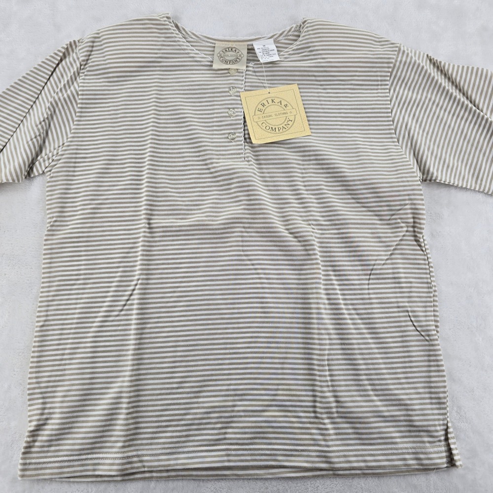 Erika & Company Top Womens M Shirt Tan White Striped Henley Short Sleeve NWT